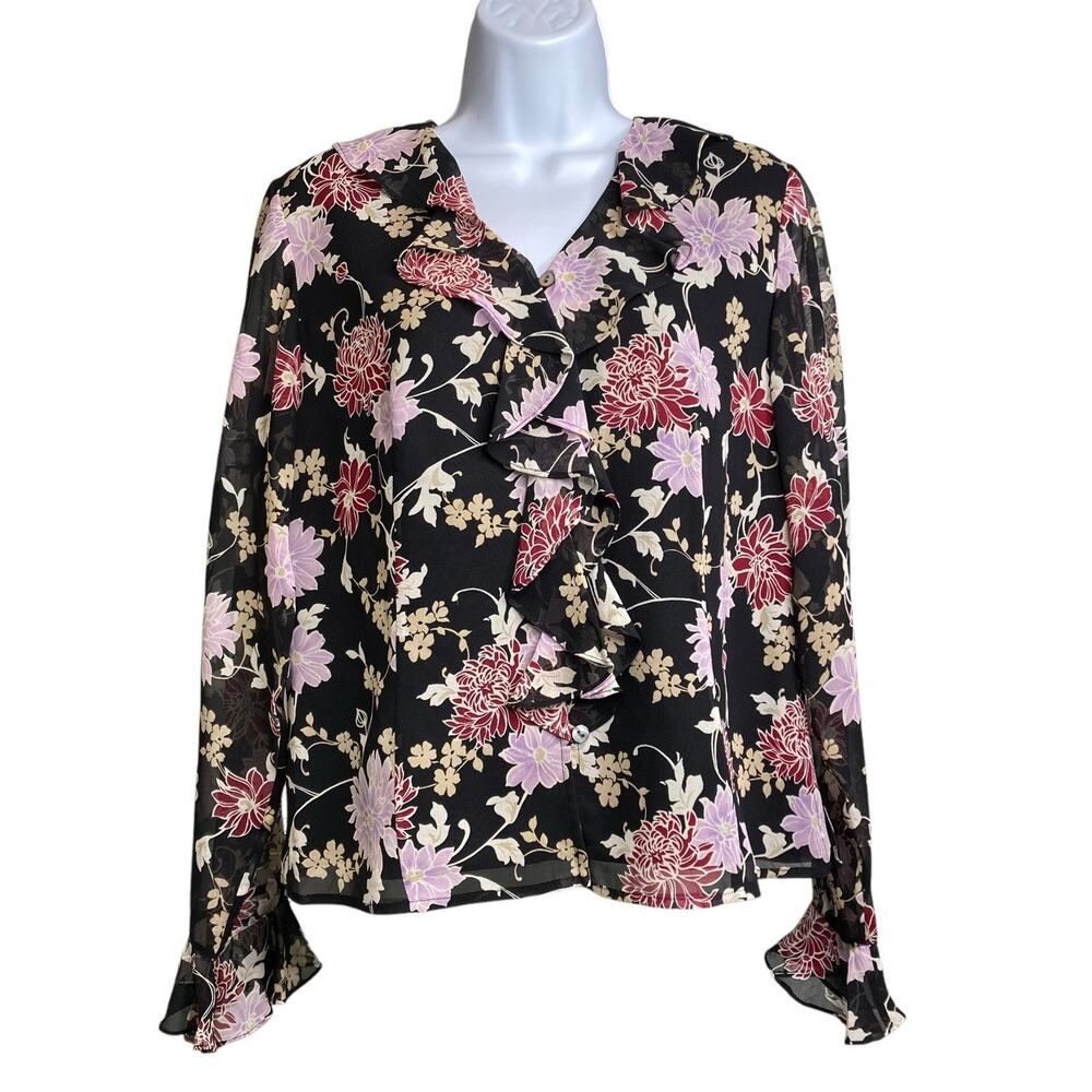 Laura Ashley Women's Dark Floral 100% Silk Blouse Size 8 Whimsigoth Moto Boho